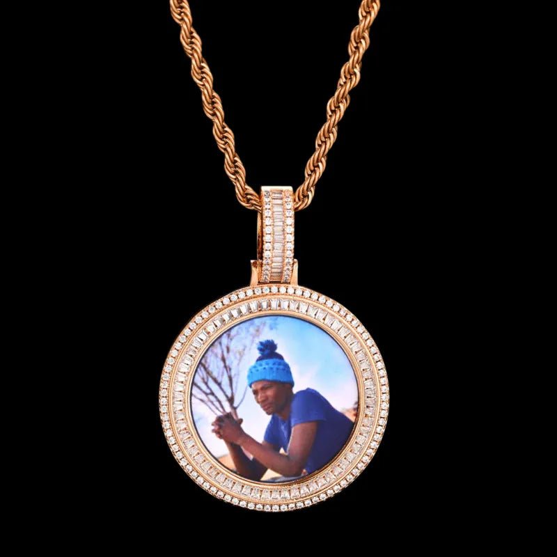 3D Solid Double - Row Micro - Inlaid Custom Photo Round Pendant - 35mm - TONGSHOP / Length:16 / Length:18