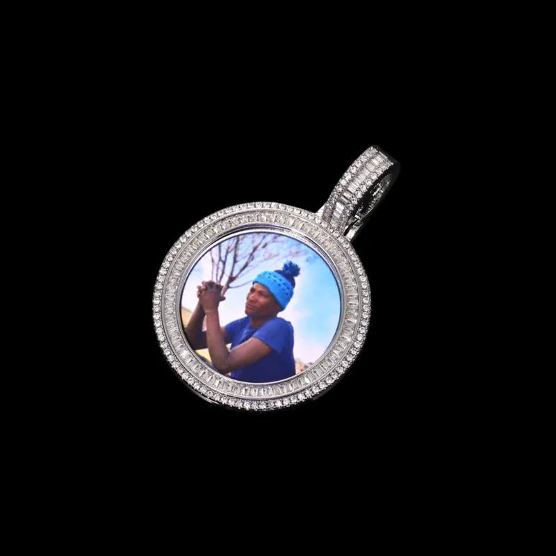3D Solid Double - Row Micro - Inlaid Custom Photo Round Pendant - 35mm - TONGSHOP / Length:16 / Length:18