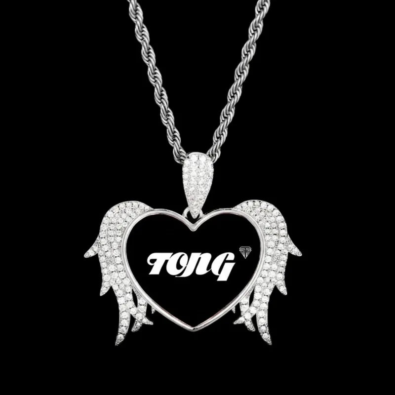 3D Solid Heart and Thorn Wings Custom Photo Round Pendant - 45mm - TONGSHOP / Length:16 / Length:18