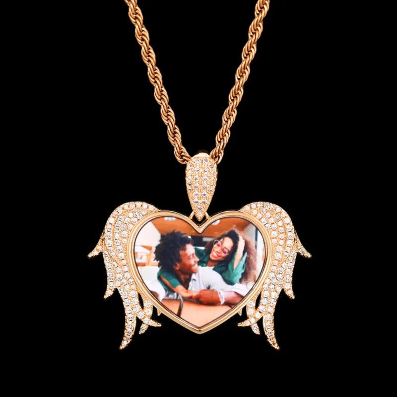 3D Solid Heart and Thorn Wings Custom Photo Round Pendant - 45mm - TONGSHOP / Length:16 / Length:18