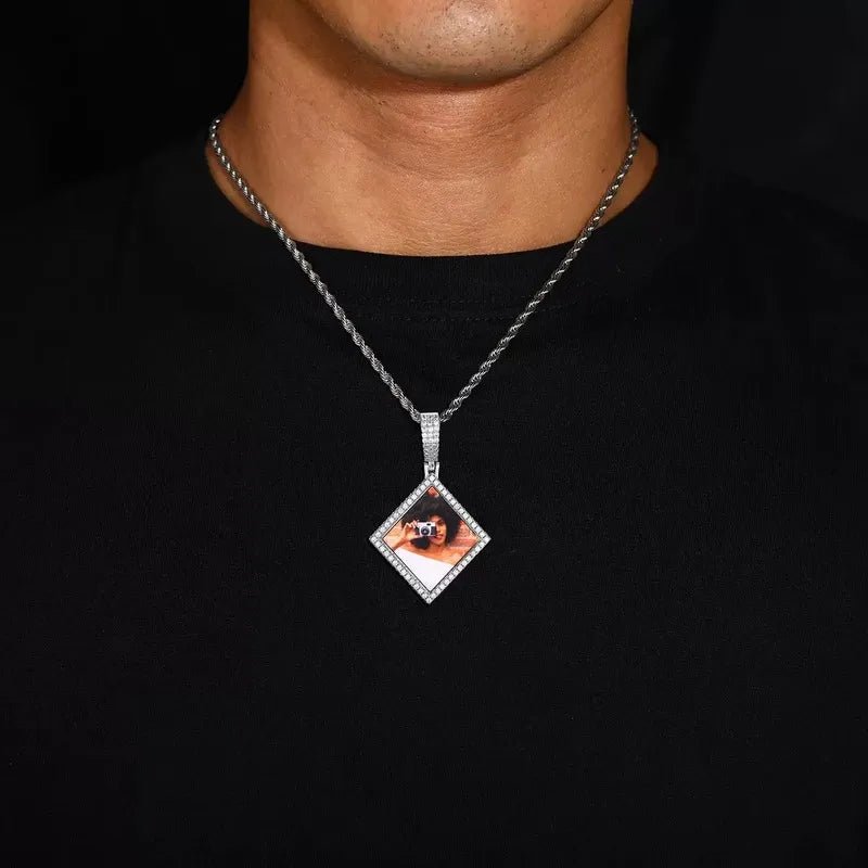 3D Solid Rhombus Custom Photo Pendant in Yellow Gold - 38mm - TONGSHOP / Length:16 / Length:18