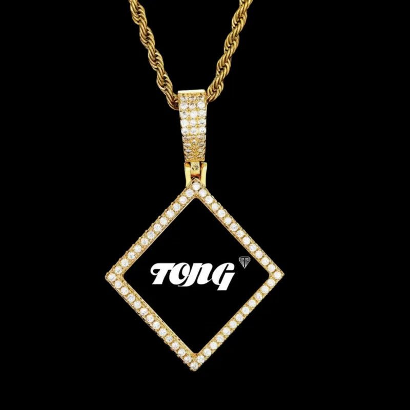 3D Solid Rhombus Custom Photo Pendant in Yellow Gold - 38mm - TONGSHOP / Length:16 / Length:18