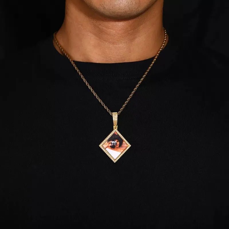 3D Solid Rhombus Custom Photo Pendant in Yellow Gold - 38mm - TONGSHOP / Length:16 / Length:18