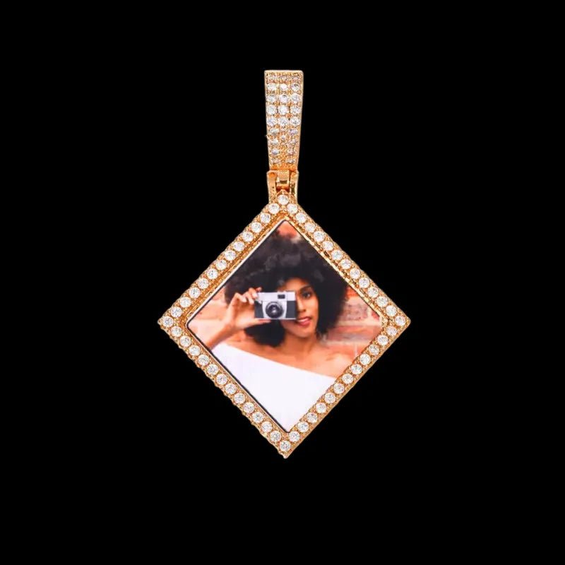 3D Solid Rhombus Custom Photo Pendant in Yellow Gold - 38mm - TONGSHOP / Length:16 / Length:18