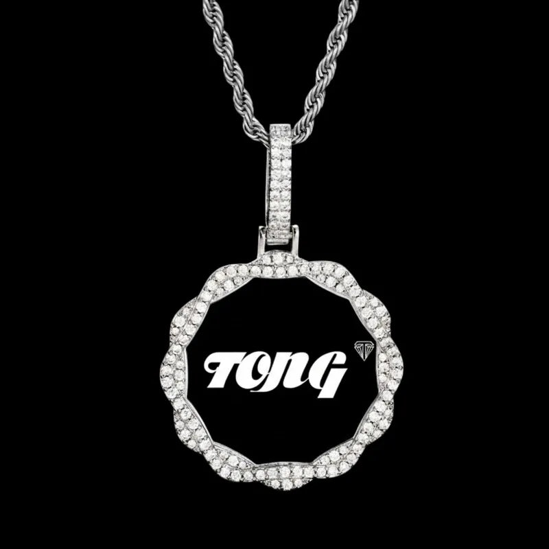 3D Vine Round Solid Custom Photo Pendant in White Gold - 38mm - TONGSHOP / Length:16 / Length:18