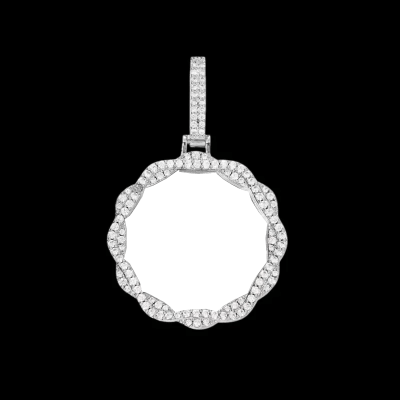 3D Vine Round Solid Custom Photo Pendant in White Gold - 38mm - TONGSHOP / Length:16 / Length:18