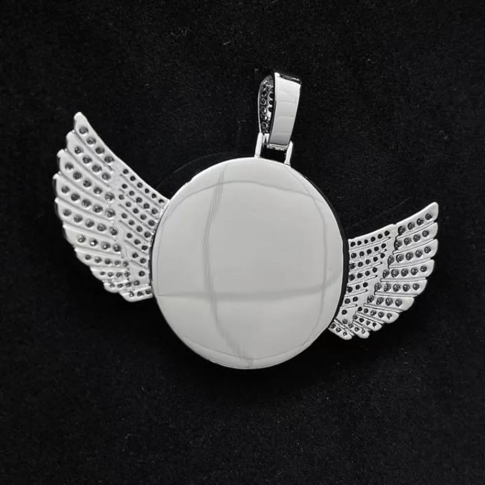 3D Winged Round Photo Diamond Iced - Out Pendant - TONGSHOP / Length:16 / Length:18