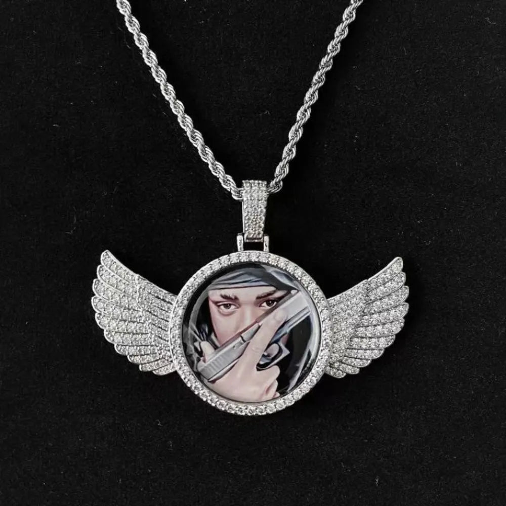 3D Winged Round Photo Diamond Iced - Out Pendant - TONGSHOP / Length:16 / Length:18