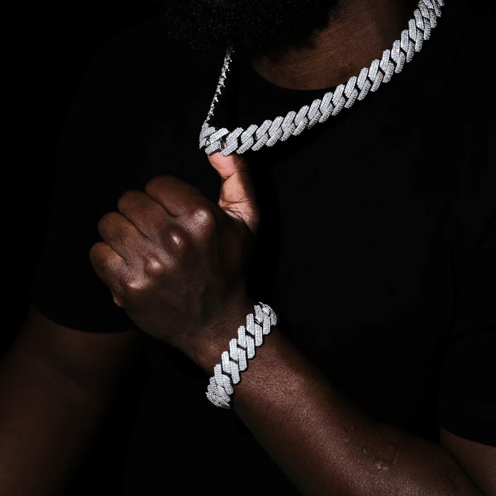 3Row Prong Cuban Link Chain & Bracelet Bundle in WhiteGold - 19mm - TONGSHOP