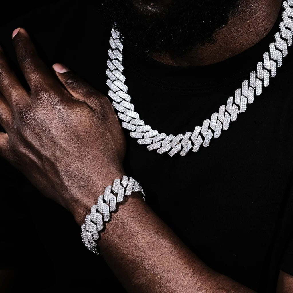 3Row Prong Cuban Link Chain & Bracelet Bundle in WhiteGold - 19mm - TONGSHOP