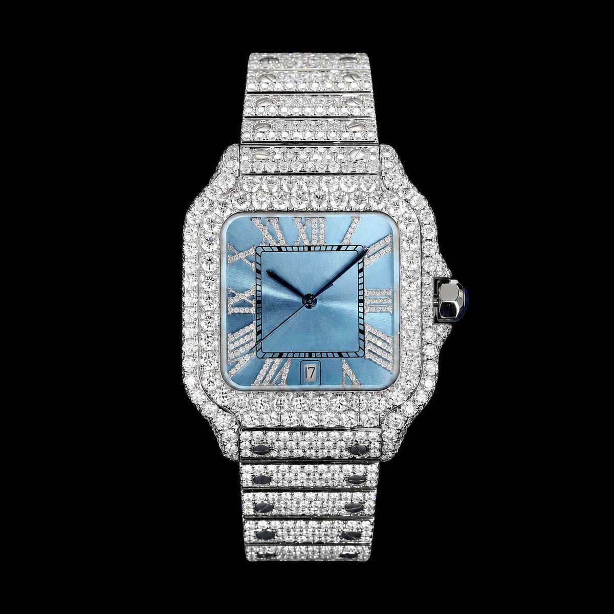 40mm Iced - Out VVS Moissanite Square Watch - BLUE - TONGSHOP / Style:White Gold / WATCH