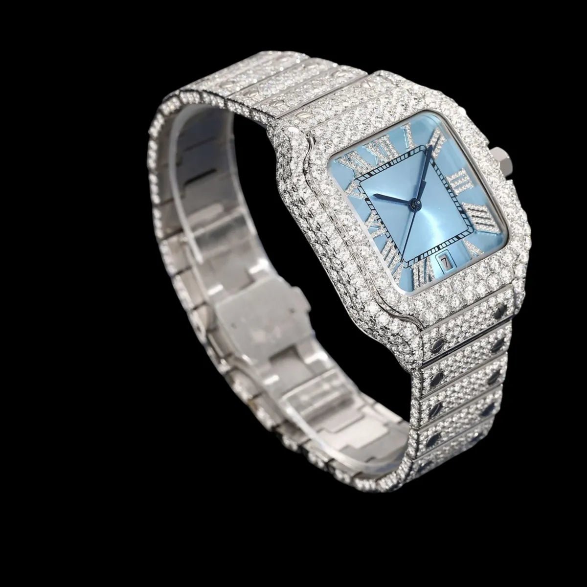 40mm Iced - Out VVS Moissanite Square Watch - BLUE - TONGSHOP / Style:White Gold / WATCH