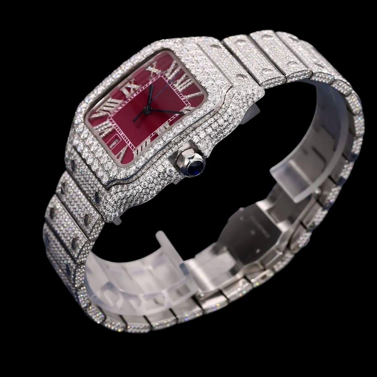 40mm Iced - Out VVS Moissanite Square Watch - RED - TONGSHOP / Style:White Gold / WATCH