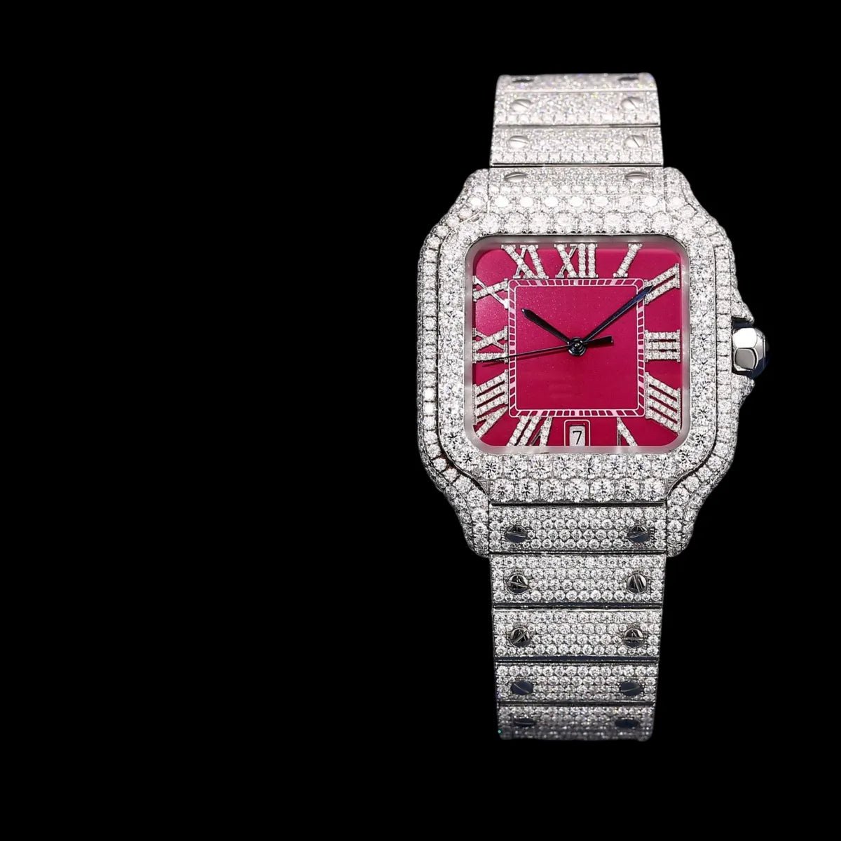 40mm Iced - Out VVS Moissanite Square Watch - RED - TONGSHOP / Style:White Gold / WATCH