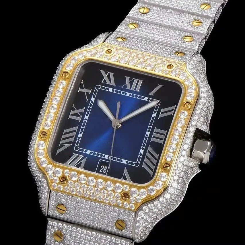 40mm VVS Moissanite Square Full - Diamond Watch – Two - Tone Blue - TONGSHOP / Color:Rose Gold / Color:White Gold