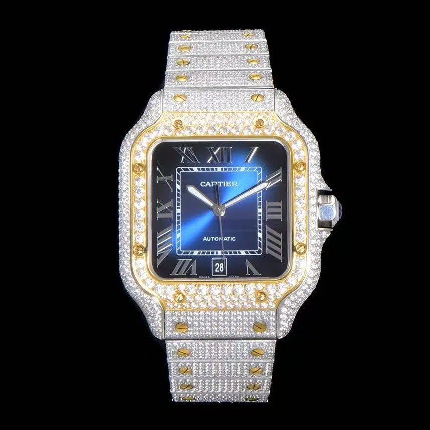 40mm VVS Moissanite Square Full - Diamond Watch – Two - Tone Blue - TONGSHOP / Color:Rose Gold / Color:White Gold