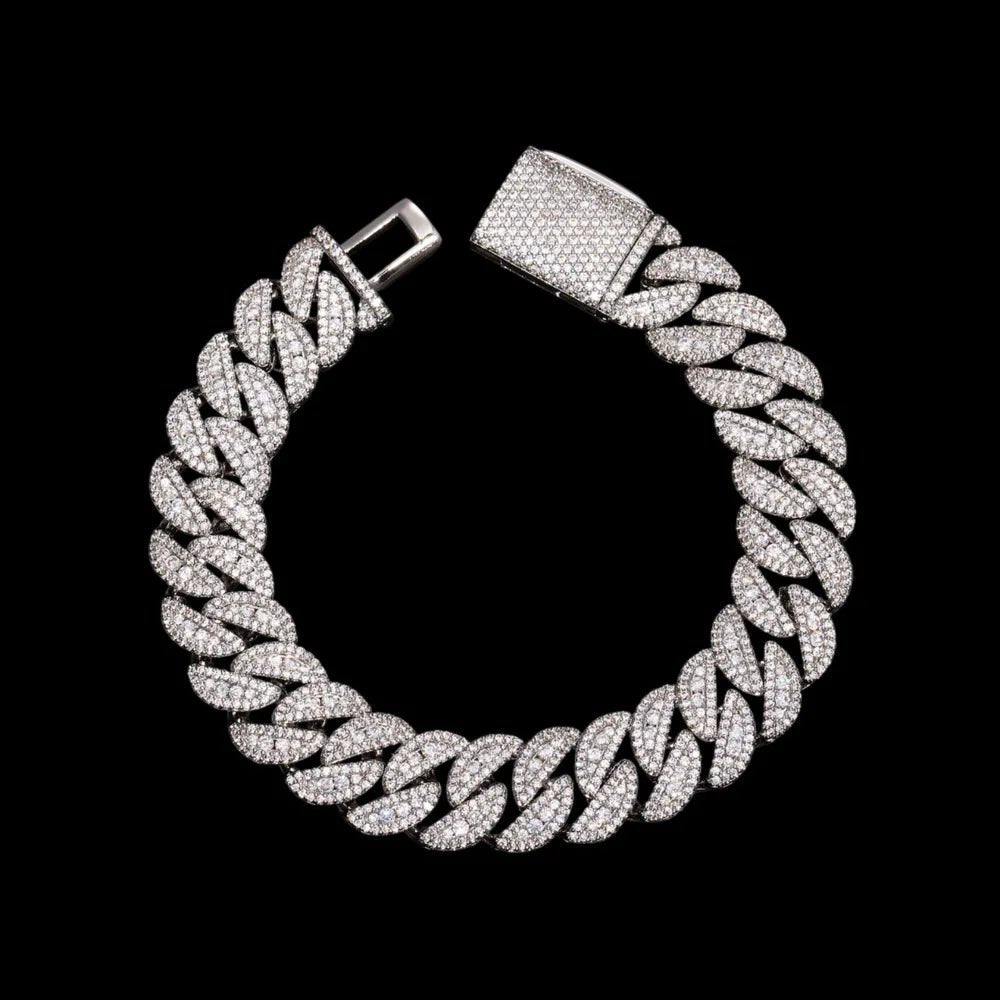 5A Prong Iced Cuban Link Bracelet in White Gold - 14mm - TONGSHOP / Length:16 / Length:18