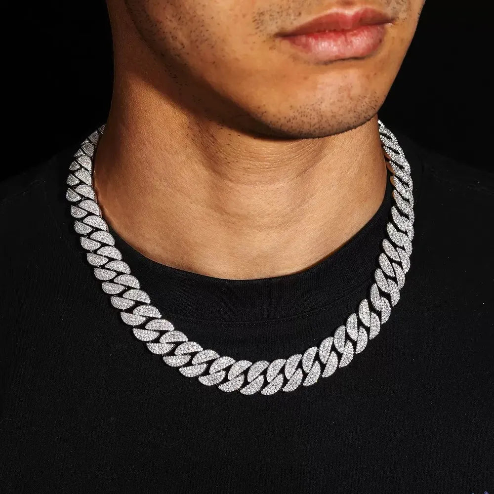 5A Prong Iced Cuban Link Chain in White Gold - 14mm - TONGSHOP / Length:16 / Length:18