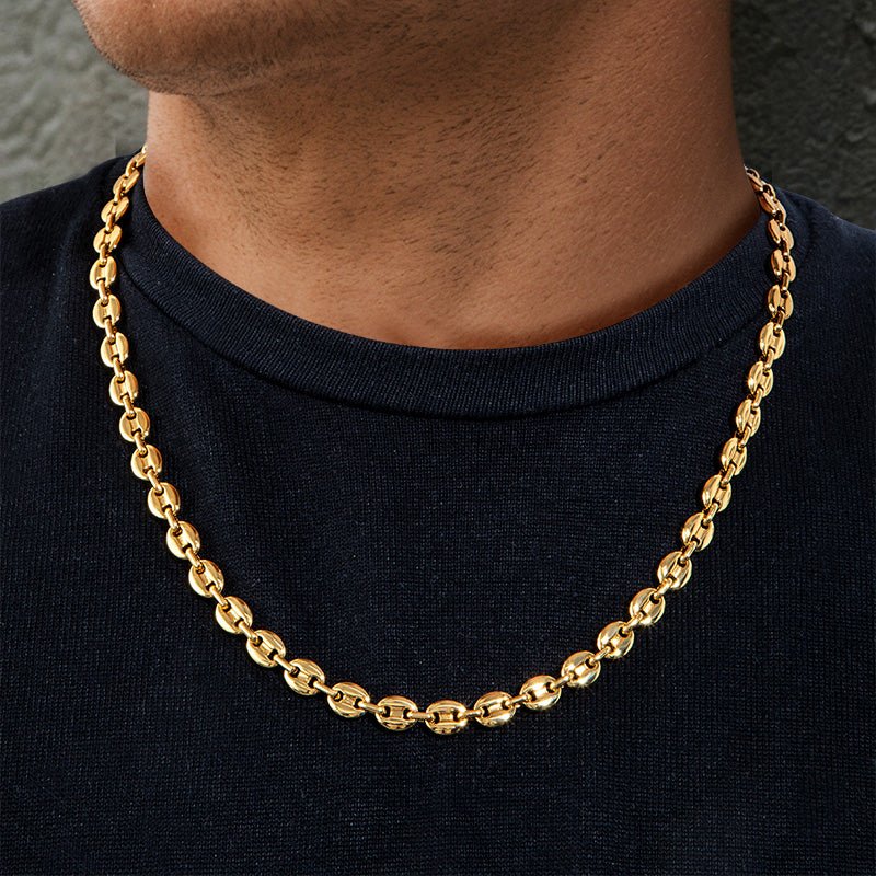 7mm 22" Stainless Steel Coffee Bean Chain in Gold - TONGSHOP
