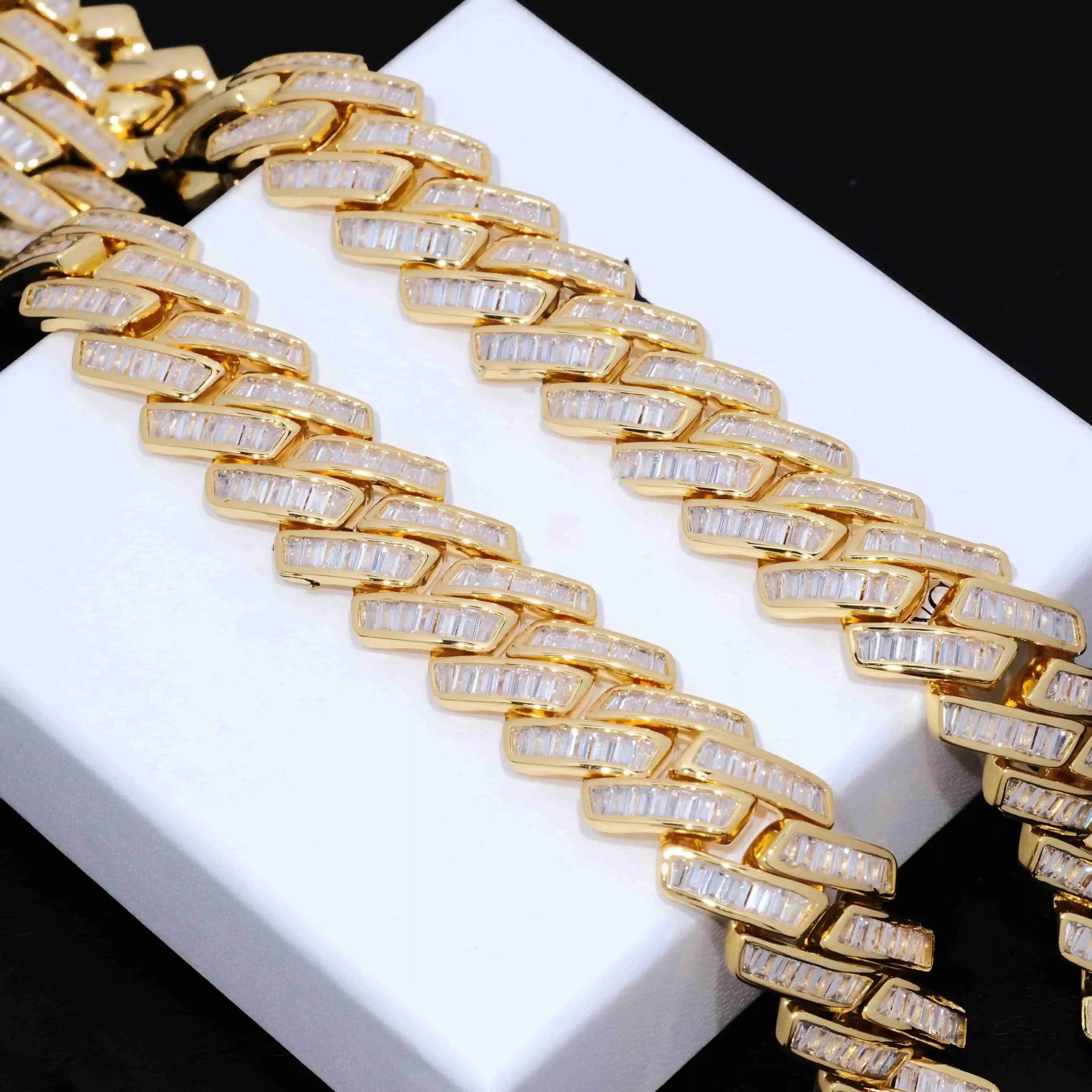 Baguette Channel Set Cuban Necklace (19mm) in Gold