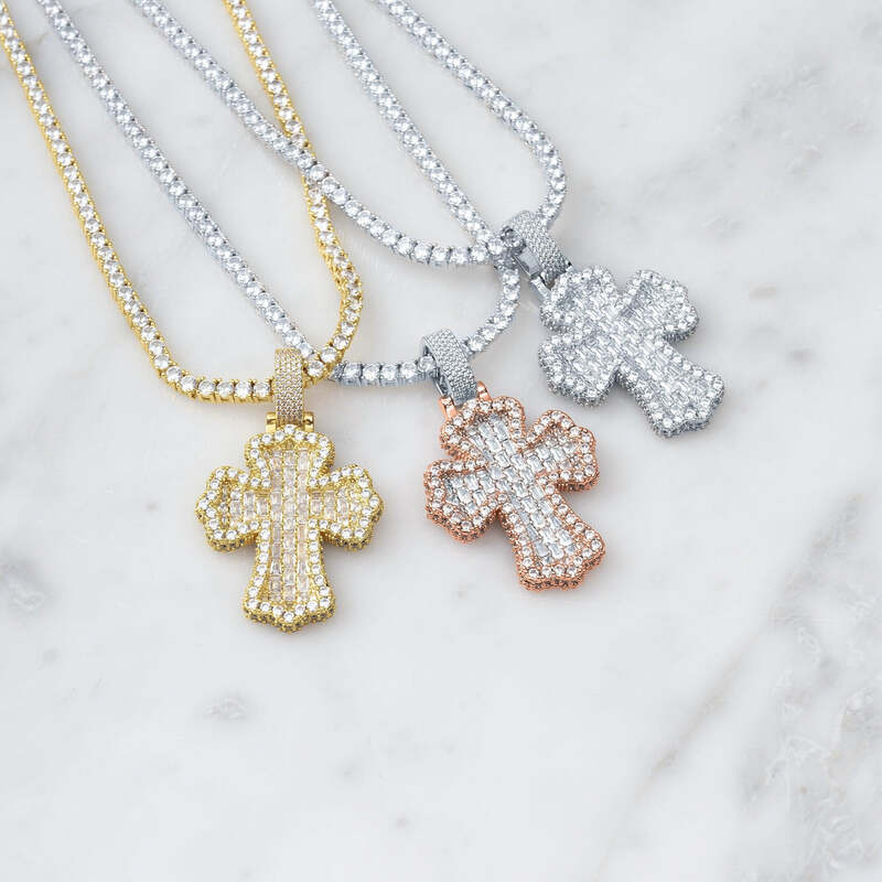 Baguette Cross Pendant in White Gold - TONGSHOP / Length:16 / Length:18