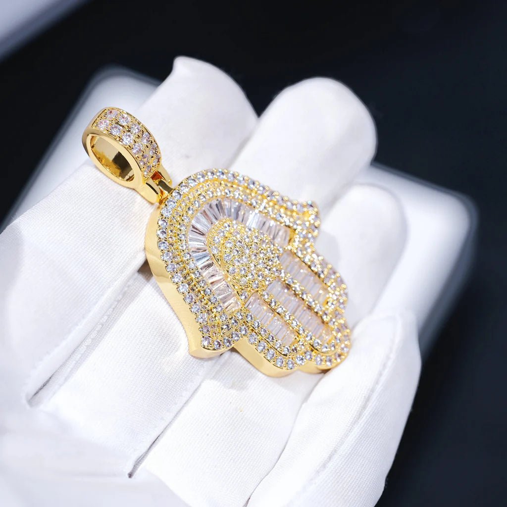 Baguette Hamsa Hand Pendant In White Gold - 35MM - TONGSHOP / Length:16 / Length:18