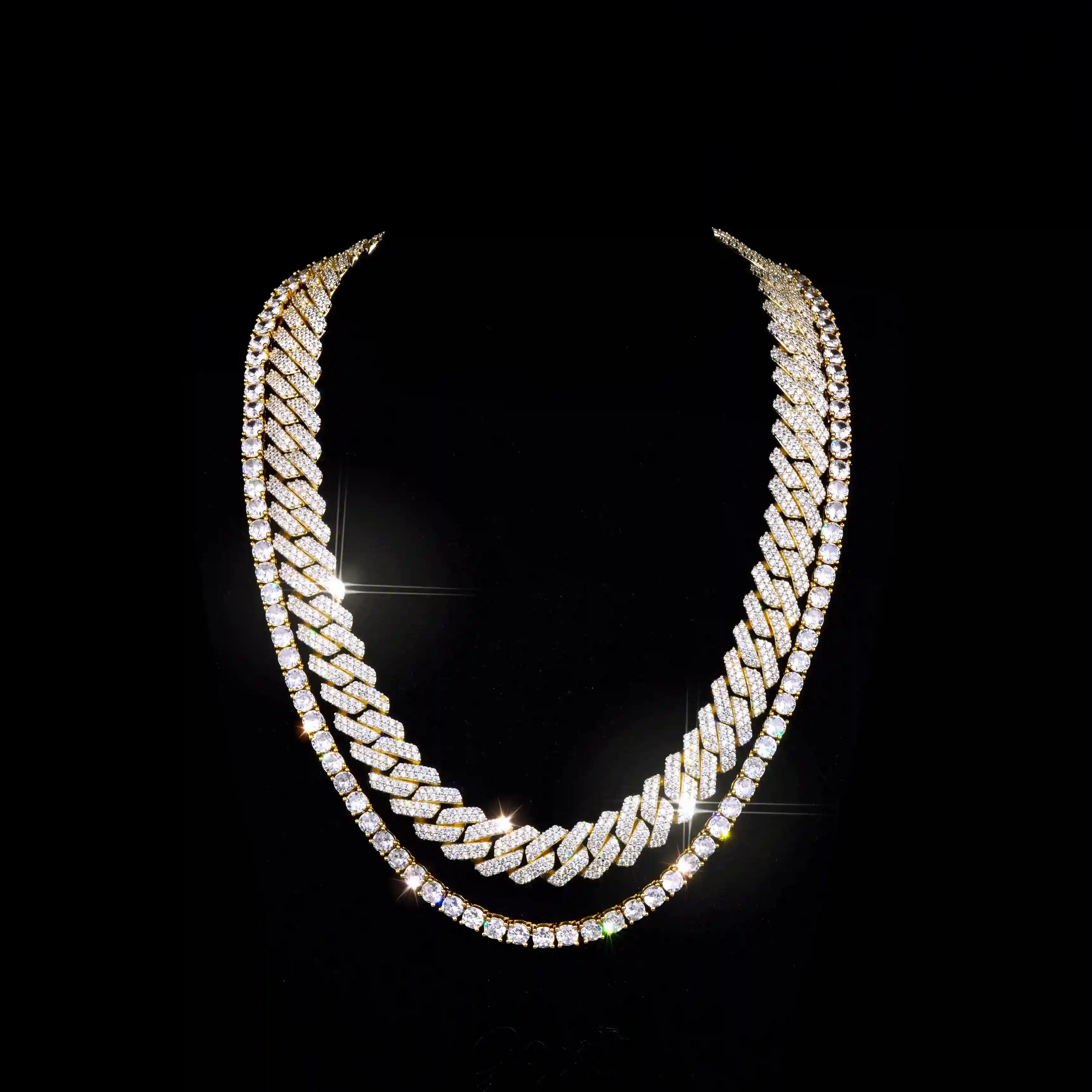 Bundle 14MM Prong Cuabn + 5MM Tennis In Gold,Welcome to our Hip-Hop Chain Collection page, showcasing a variety of high-quality necklaces, including the Micro Clustered Tennis Necklace in White Gold, Diamond Prong Link Chain in White Gold - 19mm, Figaro Link Chain in Yellow Gold - 4mm, and more. Each necklace is crafted with premium materials and exceptional craftsmanship, blending fashion and luxury to create a unique hip-hop style. Whether you're looking for a trendy piece for everyday wear or a dazzling