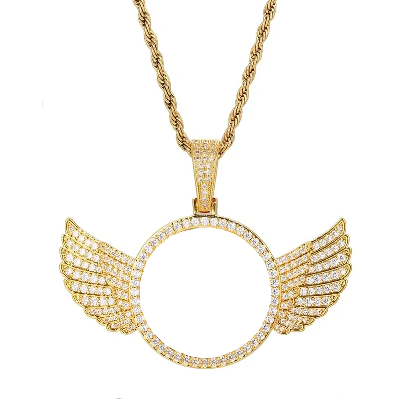18k Gold Custom Photo Round Wing Pendant - 67mm