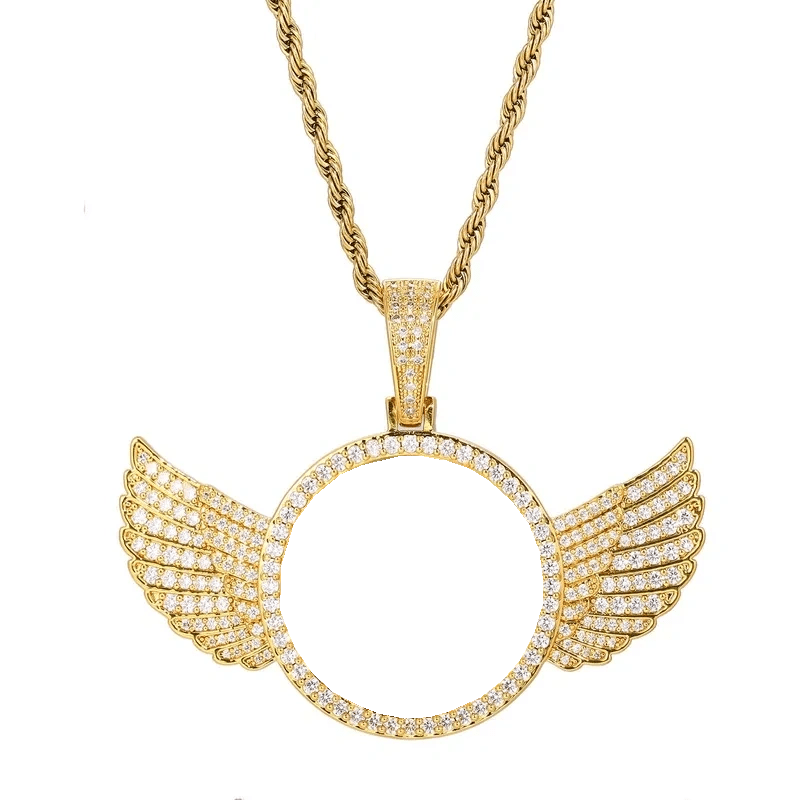 18k Gold Custom Photo Round Wing Pendant - 67mm - TONGSHOP / Color:White Gold / Length:16 / Length:18