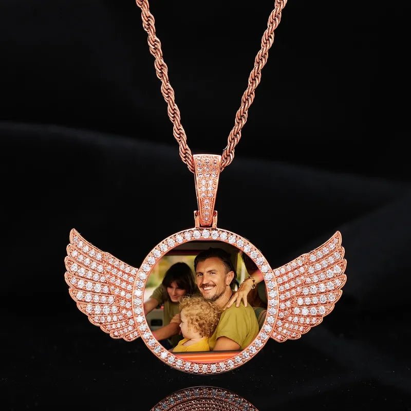 18k Gold Custom Photo Round Wing Pendant - 67mm - TONGSHOP / Color:White Gold / Length:16 / Length:18