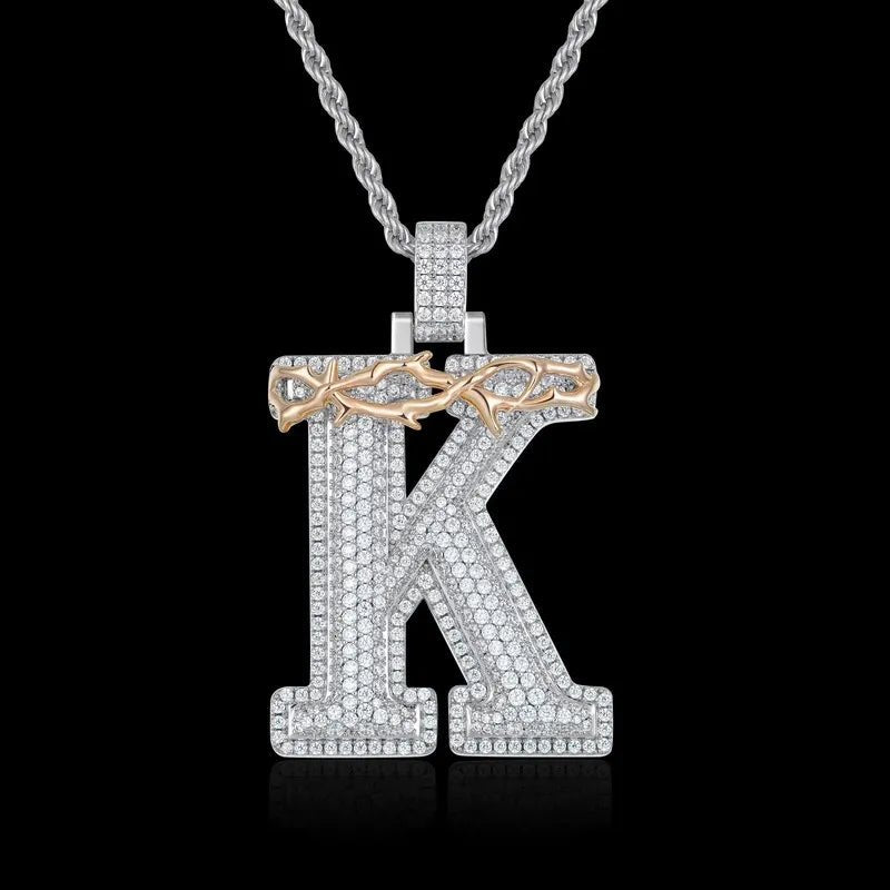 Custom Crown of Thorns Initial Letter Pendant in White Gold - TONGSHOP