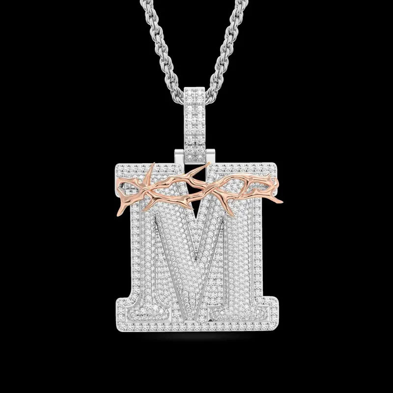 Custom Crown of Thorns Initial Letter Pendant in White Gold