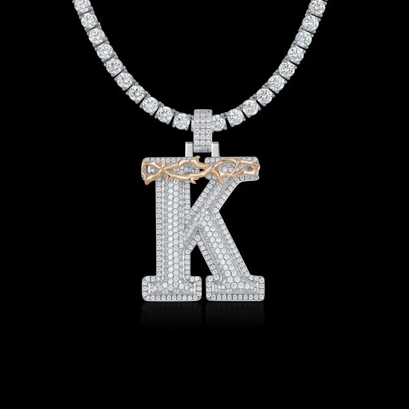 Custom Crown of Thorns Initial Letter Pendant in White Gold - TONGSHOP