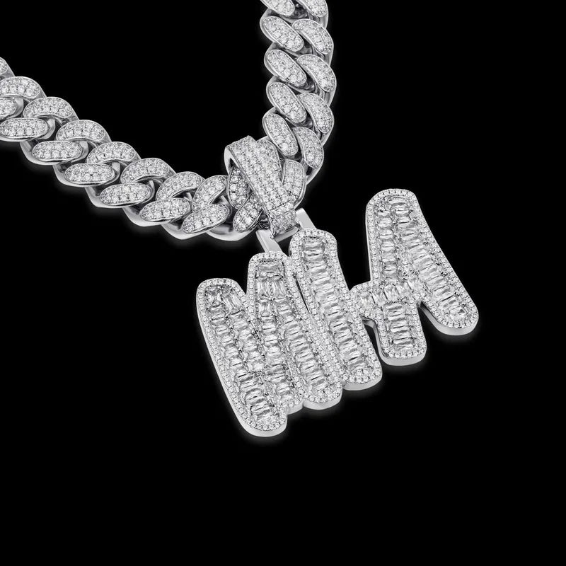 Custom Emerald CutRomantic Font Pendant in White Gold