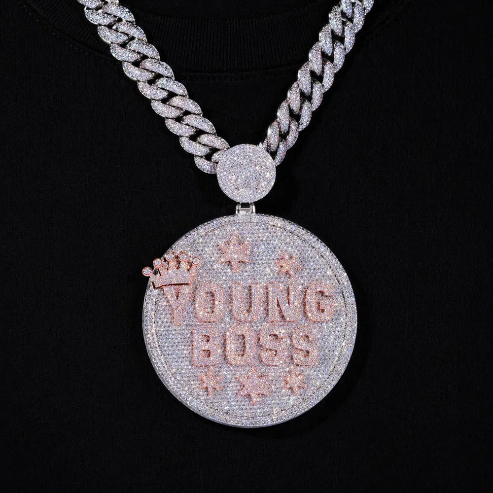 Custom Large Round Full-Diamond 3D Letter & Crown Pendant - 80mm