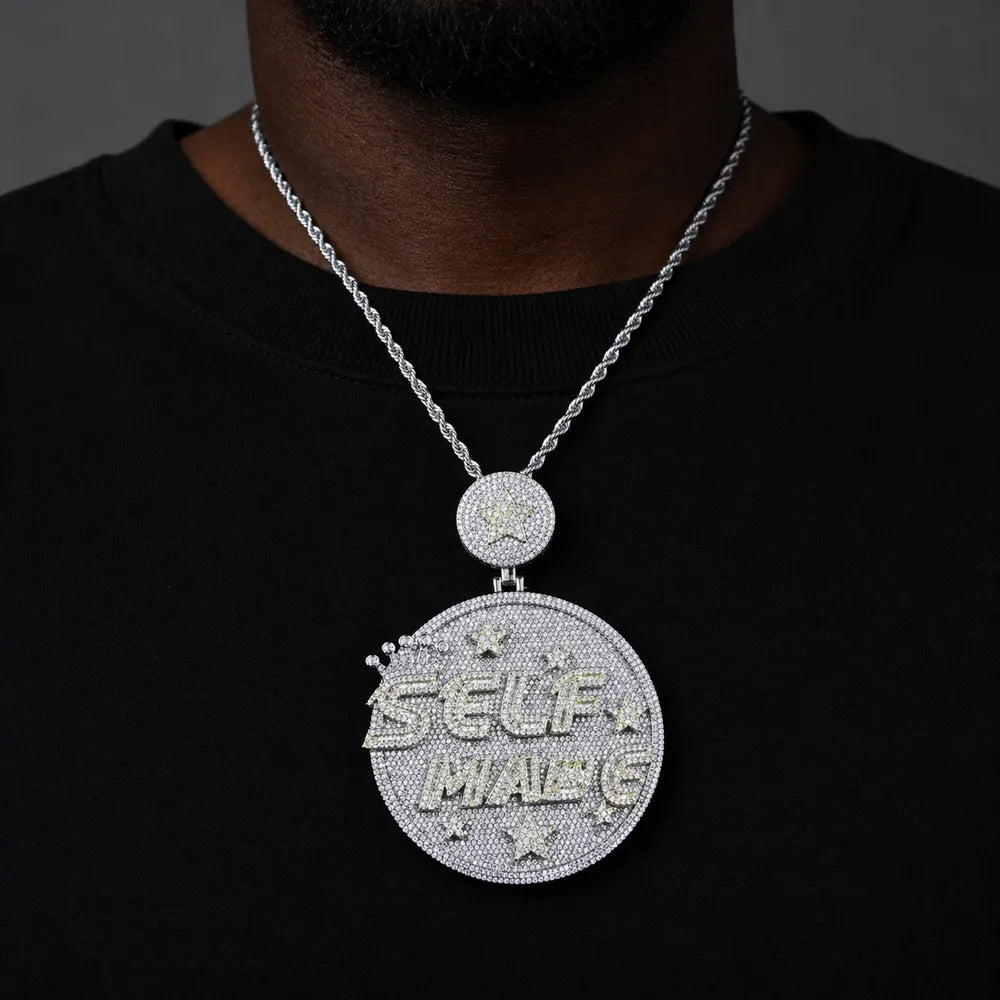 Custom Large Round Full-Diamond 3D Letter & Crown Pendant - 80mm