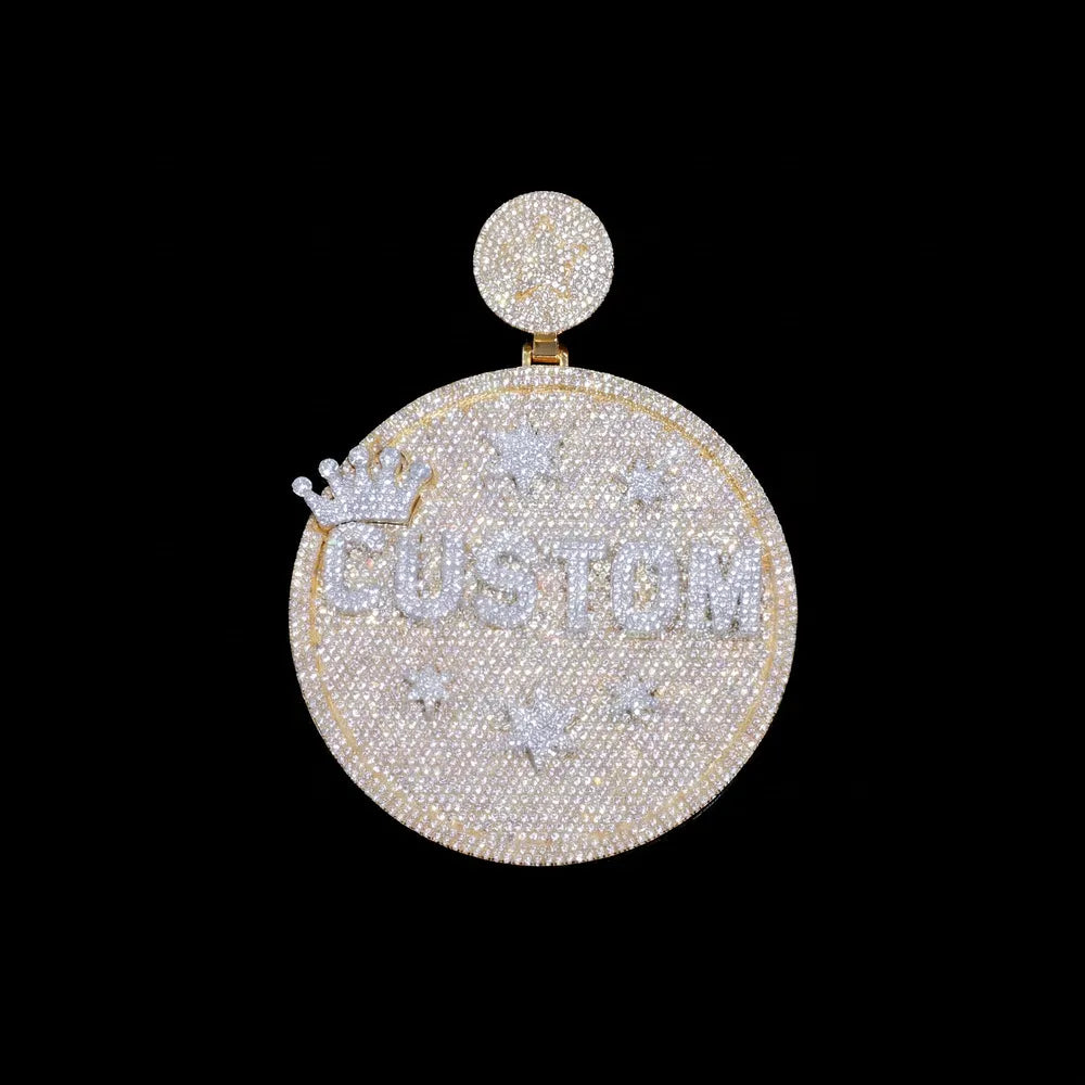 Custom Large Round Full-Diamond 3D Letter & Crown Pendant - 80mm