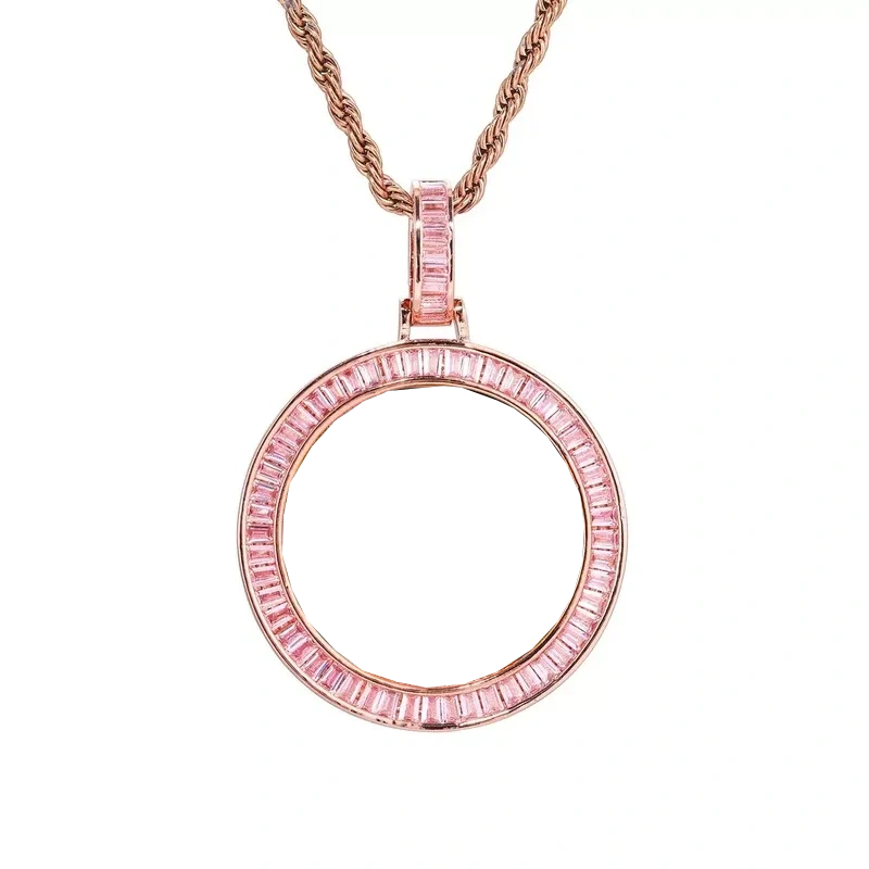 Custom Photo Pink Diamond Round Pendant in Rose Gold - 38mm
