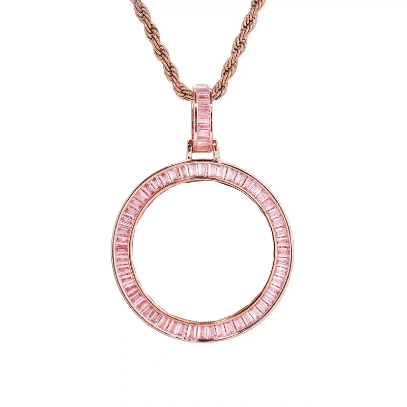 Custom Photo Pink Diamond Round Pendant in Rose Gold - 38mm - TONGSHOP / Color:White Gold / Length:16 / Length:18