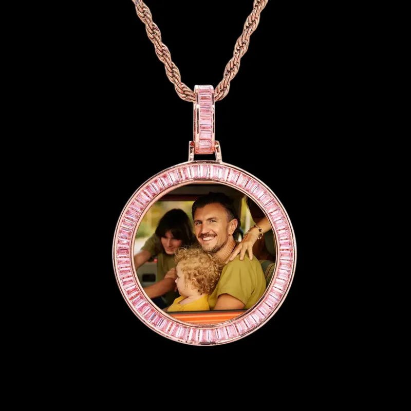 Custom Photo Pink Diamond Round Pendant in White Gold - 38mm - TONGSHOP / Color:White Gold / Length:16 / Length:18