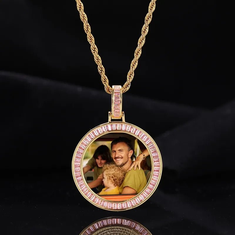 Custom Photo Pink Diamond Round Pendant in White Gold - 38mm - TONGSHOP / Color:White Gold / Length:16 / Length:18