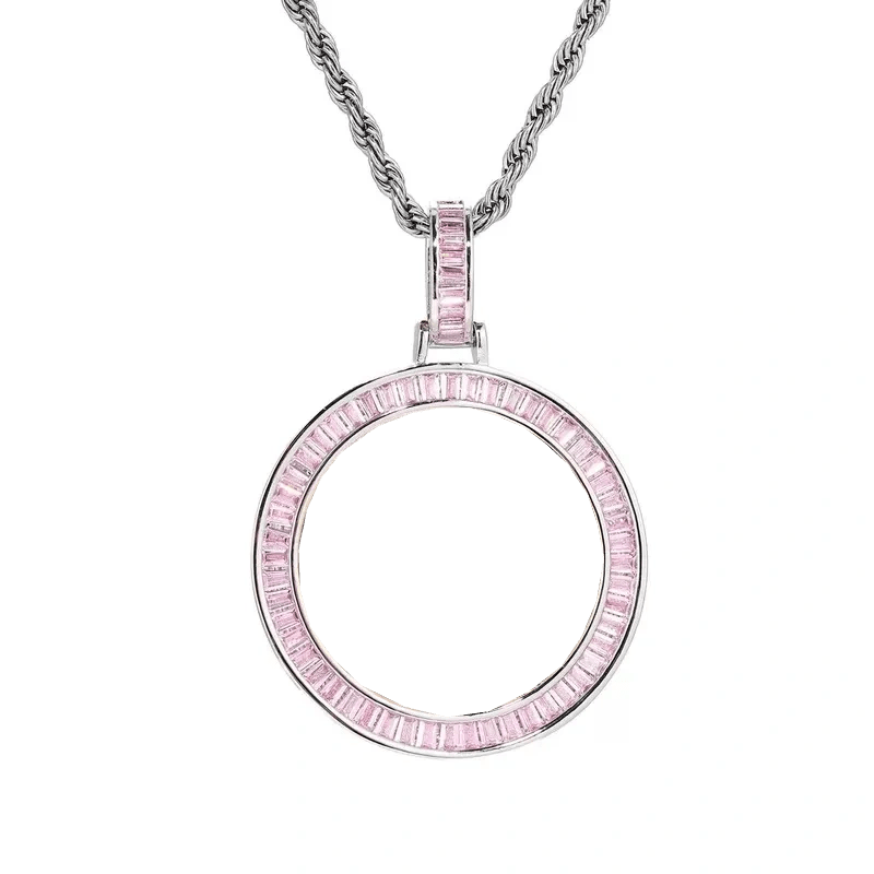 Custom Photo Pink Diamond Round Pendant in White Gold - 38mm - TONGSHOP / Color:White Gold / Length:16 / Length:18