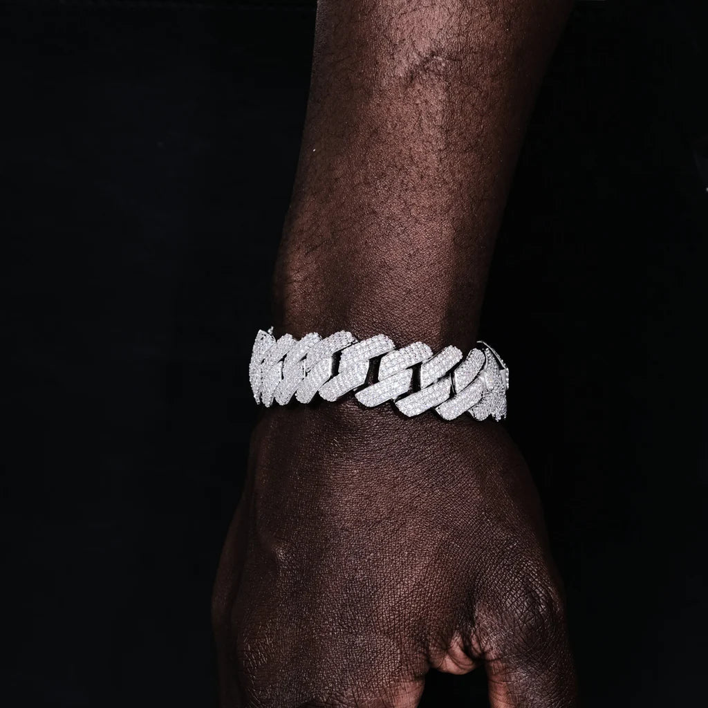 19MM 3ROW PRONG CUBAN LINK NECKLACE + BRACELET BUNDLE IN WHITEGOLD