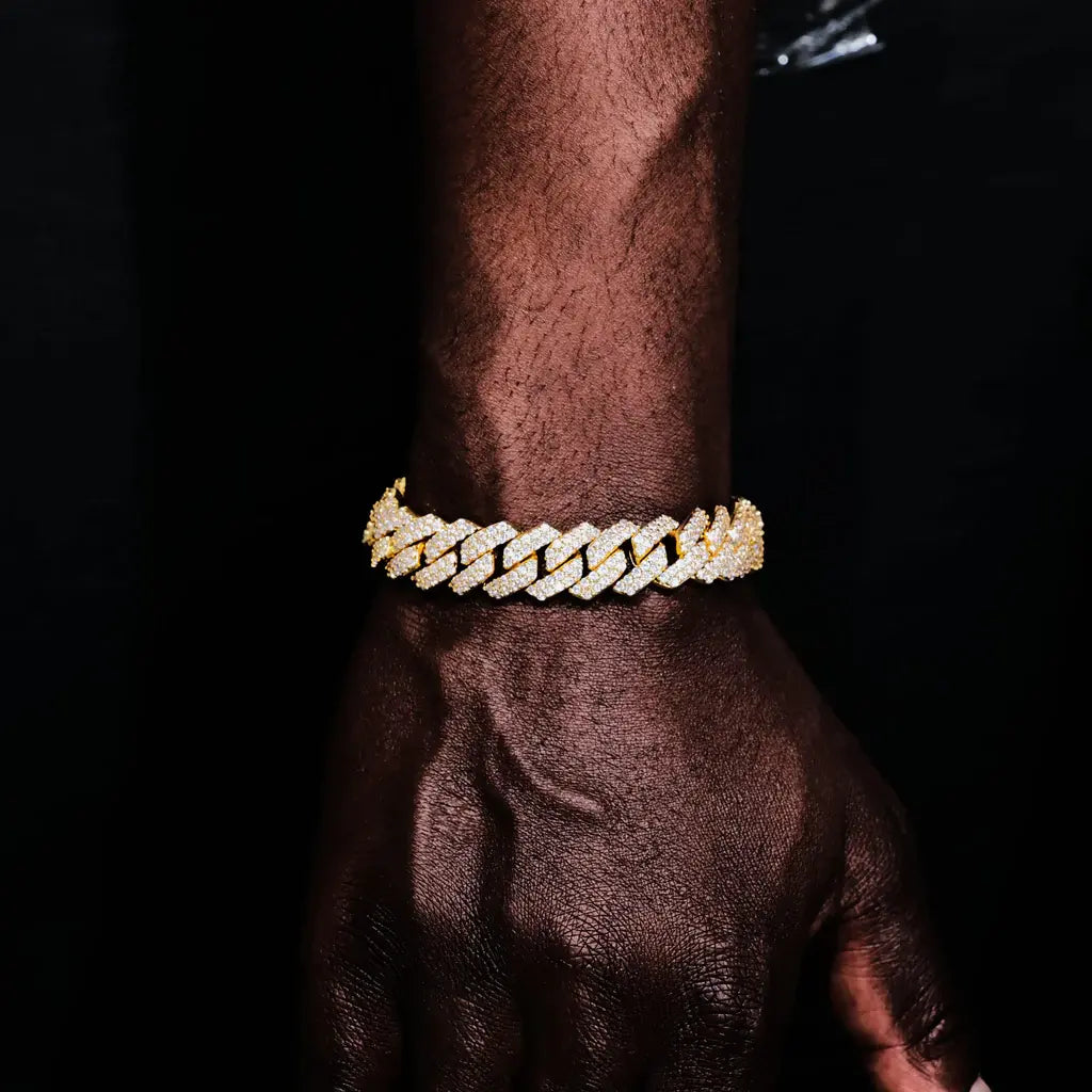14MM 2Row Prong Cuban Link Necklace + Bracelet Bundle In 18K Gold