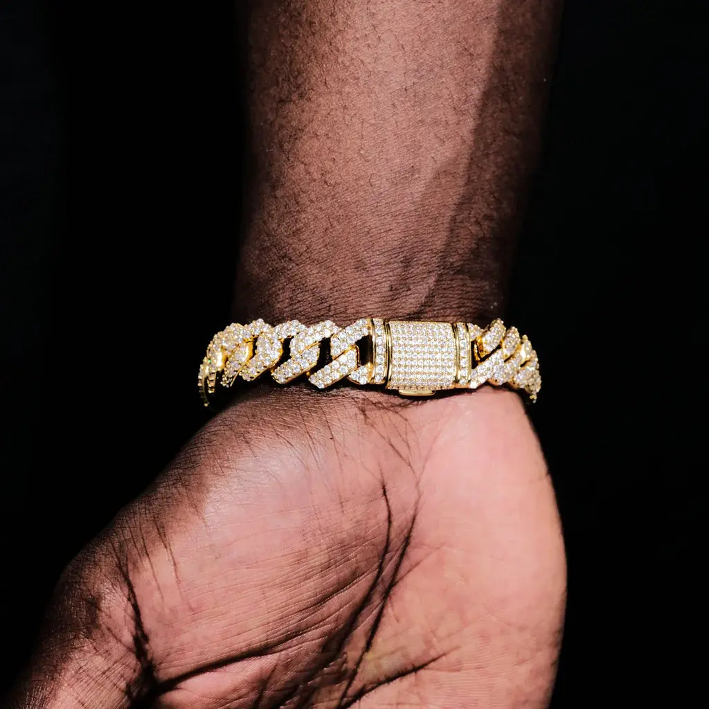 14MM 2ROW PRONG CUBAN LINK NECKLACE + BRACELET BUNDLE IN 18K GOLD