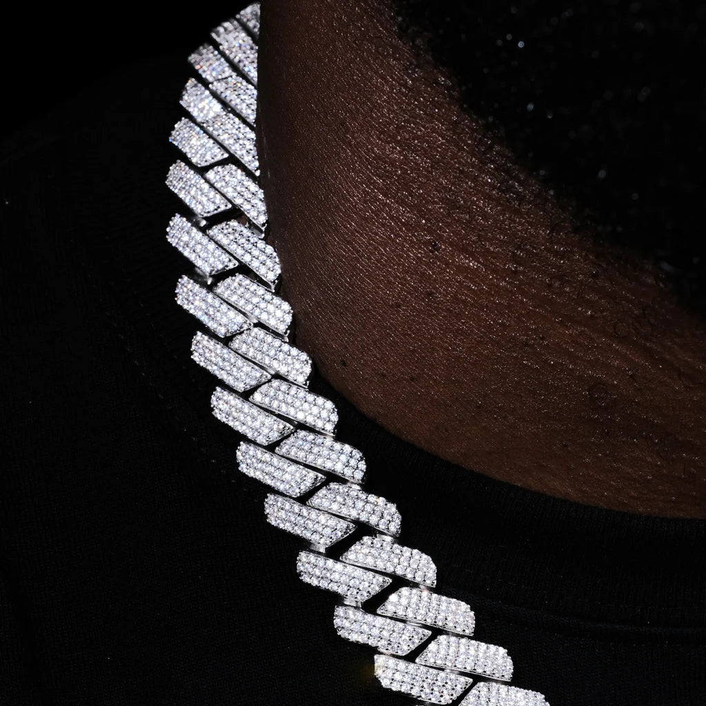 19MM 3ROW PRONG CUBAN LINK NECKLACE + BRACELET BUNDLE IN WHITEGOLD