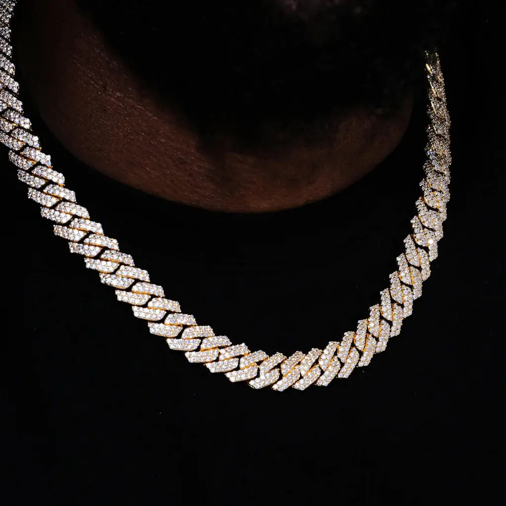 14MM 2Row Prong Cuban Link Necklace + Bracelet Bundle In 18K Gold
