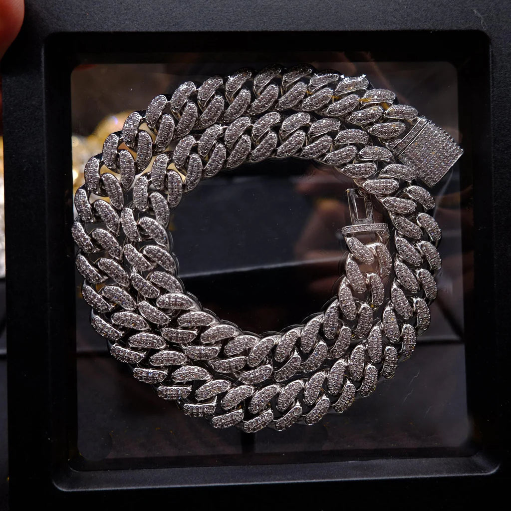 Buckle Iced Cuban Link Chain in White Gold - 14mm