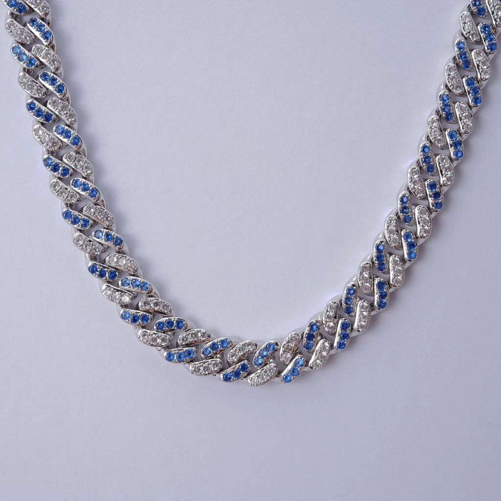 18k White Gold Blue Iced Cuban Chain - 13mm