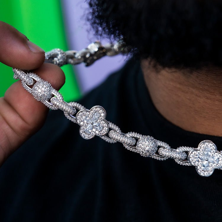 Diamond Ball Clover Mariner Chain in White Gold - 10mm - TONGSHOP / Length:16 / Length:18